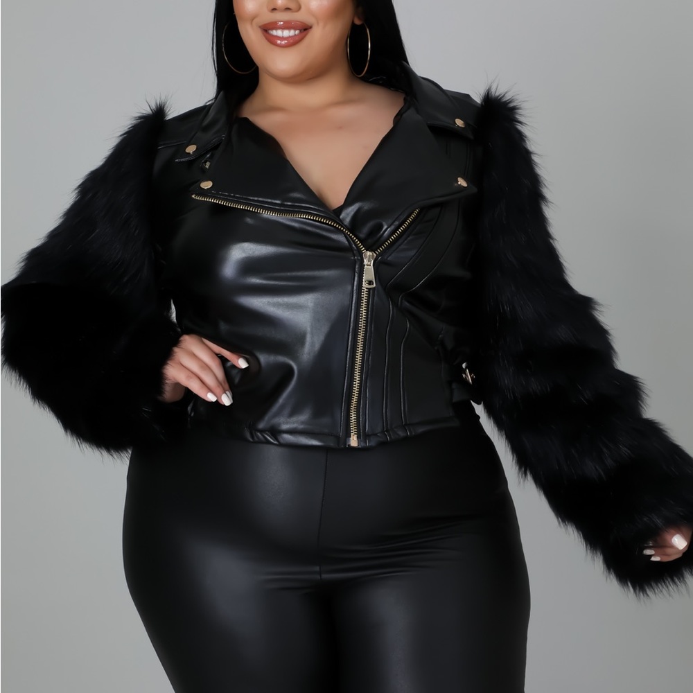 Black plus size faux leather/fur jacket